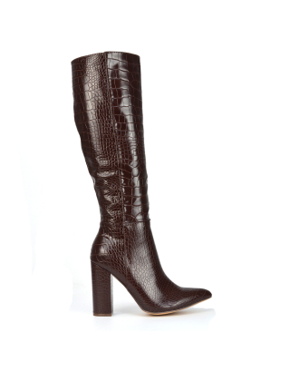 Rhode Pointed Toe Long Party Statement Zip-up Block High Heel Knee High Boots in Brown