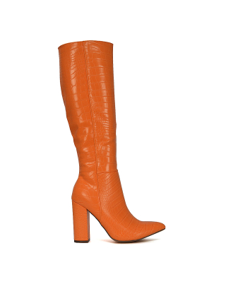 Orange Knee High Boots, Orange Heeled Boots, Orange Long Boots