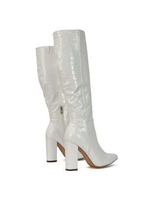 Rhode Pointed Toe Long Party Statement Zip-up Block High Heel Knee High Boots in White