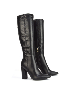Opal Black Synthetic Leather Statement Knee High Pointed Toe Block Heeled Long Boots 