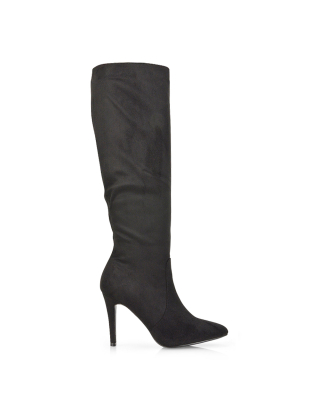 Savvy Pointed Toe Long Knee High Stiletto Heeled Boots in Black Faux Suede