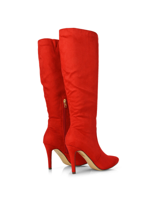 red faux suede boots, Red Boots, Red Heeled Boots, Red Knee High Boots