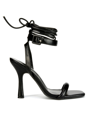 Althea Square Toe Lace up Strappy High Heel Sandals in Black 