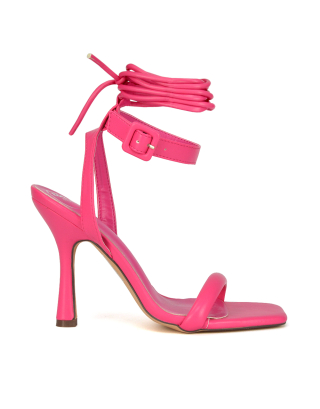 Althea Square Toe Lace up Strappy High Heel Sandals in Fuchsia