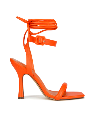 Althea Square Toe Lace up Strappy High Heel Sandals in Orange
