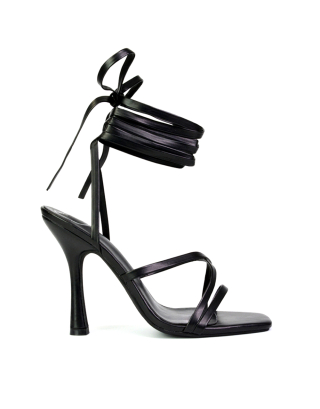 Kyra Lace Up High Heel Stilettos Sandals with Square Toe in Black