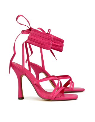 Kyra Lace Up High Heel Stilettos Sandals with Square Toe in Fuchsia