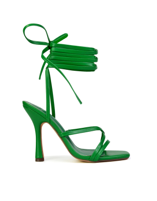Kyra Lace Up High Heel Stilettos Sandals with Square Toe in Green 