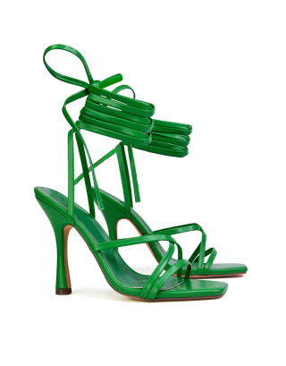 Kyra Lace Up High Heel Stilettos Sandals with Square Toe in Green 