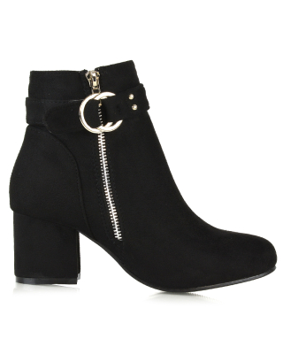 Lakesha Strap Detail Outer Zip Low Block Heeled Ankle Boots in Black Faux Suede