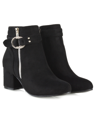 Lakesha Strap Detail Outer Zip Low Block Heeled Ankle Boots in Black Faux Suede
