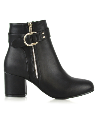 Lakesha Strap Detail Outer Zip Low Block Heeled Ankle Boots in Black Synthetic Leather