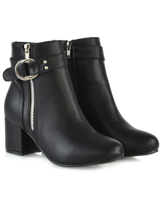 Lakesha Strap Detail Outer Zip Low Block Heeled Ankle Boots in Black Synthetic Leather