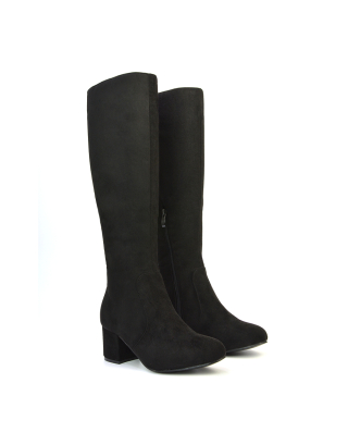 Honey Knee High Boots with Mid Block Heel and Inside Zip in Black Faux Suede