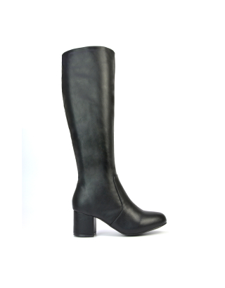 Honey Knee High Boots with Mid Block Heel and Inside Zip in Black Synthetic Leather