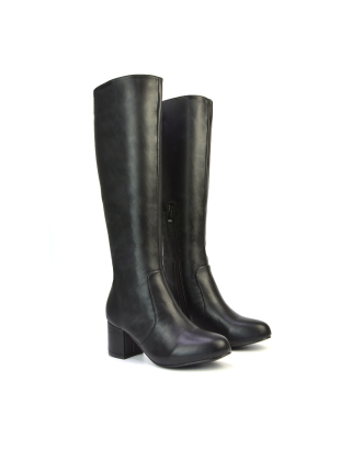 Honey Knee High Boots with Mid Block Heel and Inside Zip in Black Synthetic Leather