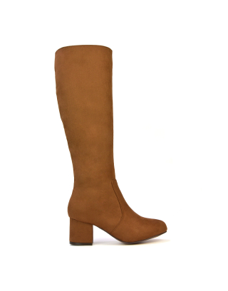 Honey Knee High Boots with Mid Block Heel and Inside Zip in Brown Faux Suede