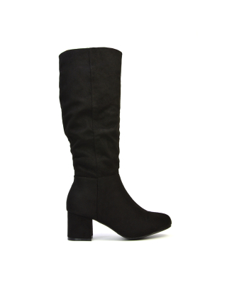 Jackie Ruched Mid Block High Heel Knee High Boots in Black Faux Suede