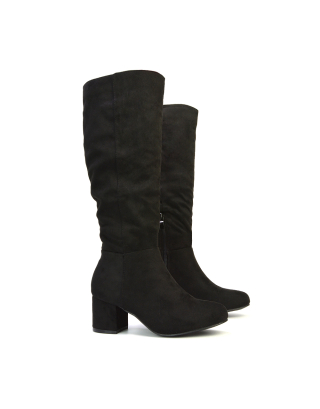 Jackie Ruched Mid Block High Heel Knee High Boots in Black Faux Suede