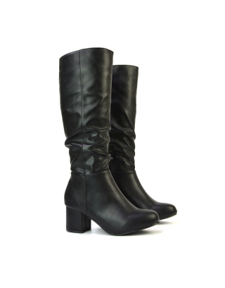 Jackie Ruched Mid Block High Heel Knee High Boots in Black Synthetic Leather