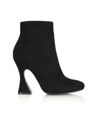 BROOKE SQUARE TOE INSIDE ZIP-UP SCULPTURED HIGH HEEL ANKLE BOOTS IN BLACK FAUX SUEDE