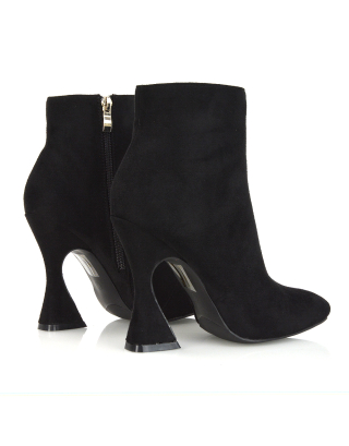 BROOKE SQUARE TOE INSIDE ZIP-UP SCULPTURED HIGH HEEL ANKLE BOOTS IN BLACK FAUX SUEDE