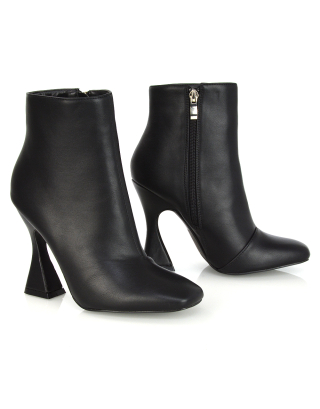 BROOKE SQUARE TOE INSIDE ZIP-UP SCULPTURED HIGH HEEL ANKLE BOOTS IN BLACK SYNTHETIC LEATHER 