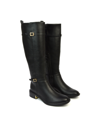 Zayla Buckle Flat Heel Winter Knee High Boots with Inside Zip in Black Synthetic Leather