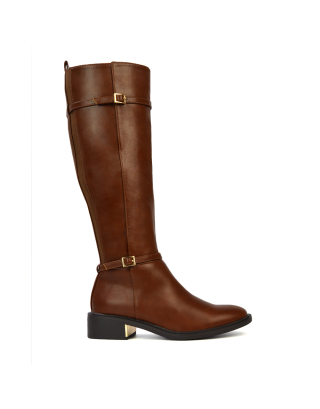 Zayla Buckle Flat Heel Winter Knee High Boots with Inside Zip in Tan Synthetic Leather 