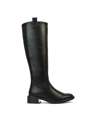 Prince Winter Flat Knee High Boots With Inside Zip in Black Synthetic Leather