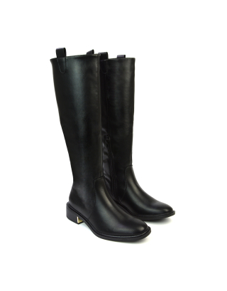 Prince Winter Flat Knee High Boots With Inside Zip in Black Synthetic Leather