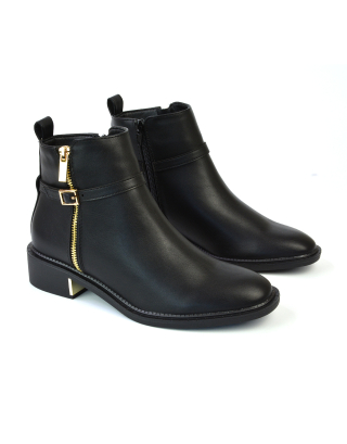 Maella Winter Flat Block Heel Zip Up Ankle Boots With Buckle In Black Synthetic Leather
