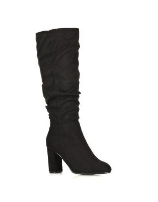 black ruched boots, black boots, black knee high boots