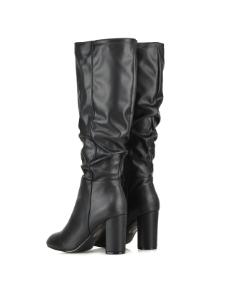 Black Knee High Boots, Black Leather Boots, Black Block Heeled Boots