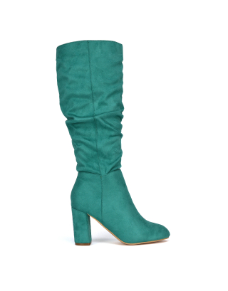 green heeled boots, green boots, green knee high boots