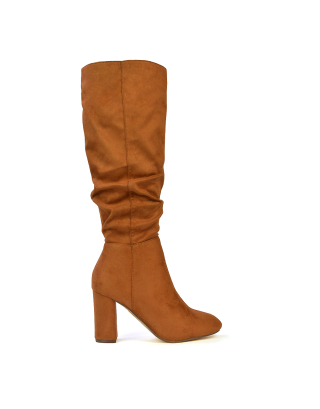 Alana Ruched Zip-up Winter Block Below the Knee High Heeled Long Boots in Tan
