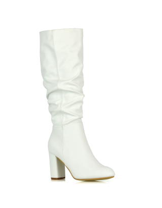 white boots, white knee high boots, white heeled boots