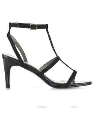 Kirby Caged Detail Chrome Insole Strappy Low Stiletto Heel Sandals in Black