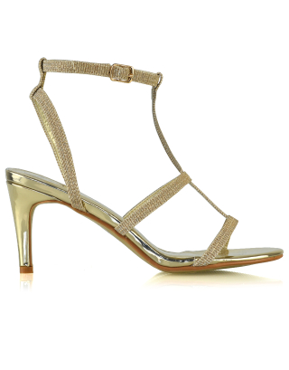 Kirby Caged Detail Chrome Insole Strappy Low Stiletto Heel Sandals in Gold