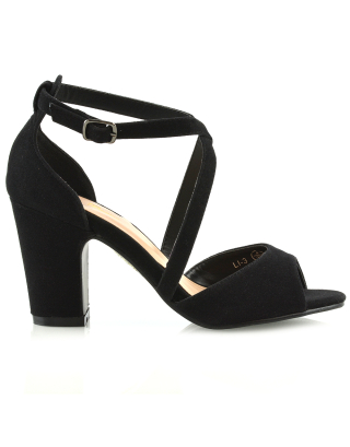 ALICE STRAPPY PEEP TOE MID BLOCK HIGH HEEL SANDAL SHOES IN BLACK FAUX SUEDE
