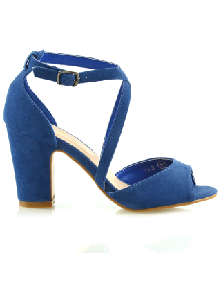 ALICE STRAPPY PEEP TOE MID BLOCK HIGH HEEL SANDAL SHOES IN NAVY FAUX SUEDE