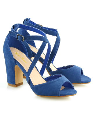 ALICE STRAPPY PEEP TOE MID BLOCK HIGH HEEL SANDAL SHOES IN NAVY FAUX SUEDE
