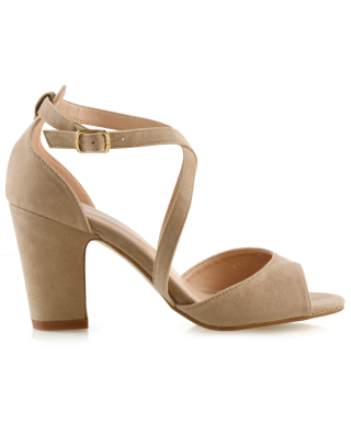 ALICE STRAPPY PEEP TOE MID BLOCK HIGH HEEL SANDAL SHOES IN NUDE FAUX SUEDE