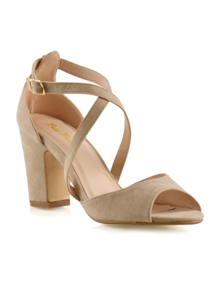 ALICE STRAPPY PEEP TOE MID BLOCK HIGH HEEL SANDAL SHOES IN NUDE FAUX SUEDE