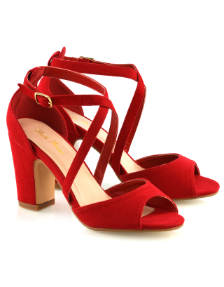 ALICE STRAPPY PEEP TOE MID BLOCK HIGH HEEL SANDAL SHOES IN RED FAUX SUEDE