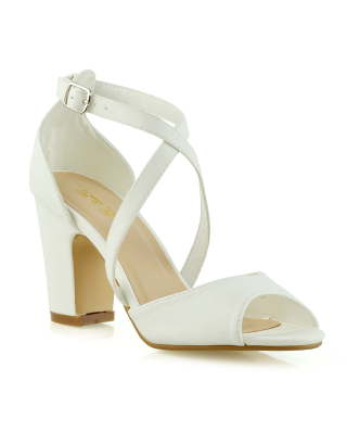 ALICE STRAPPY PEEP TOE MID BLOCK HIGH HEEL SANDAL SHOES IN WHITE SYNTHETIC LEATHER