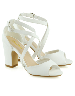ALICE STRAPPY PEEP TOE MID BLOCK HIGH HEEL SANDAL SHOES IN WHITE SYNTHETIC LEATHER