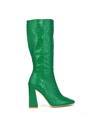 green boots, green calf boots, green heeled boots
