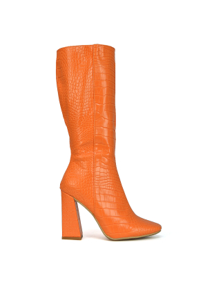 orange boots, orange calf boots, orange heeled boots