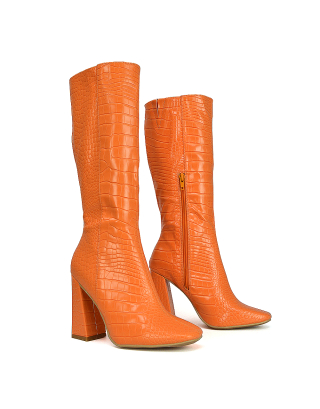 orange boots, orange calf boots, orange heeled boots